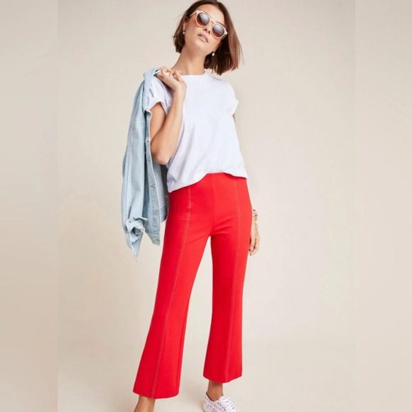 ANTHROPOLOGIE The Essential Cropped Flare‎ Trousers in Red - Picture 3 of 11